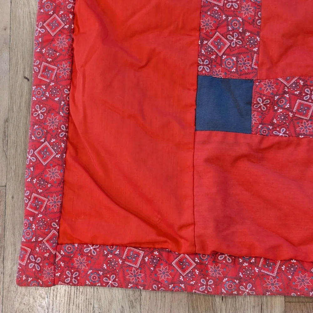 70's Vintage Handmade Baby Qilt Blanket Cowboy Patchwork Red, White & Blue USA